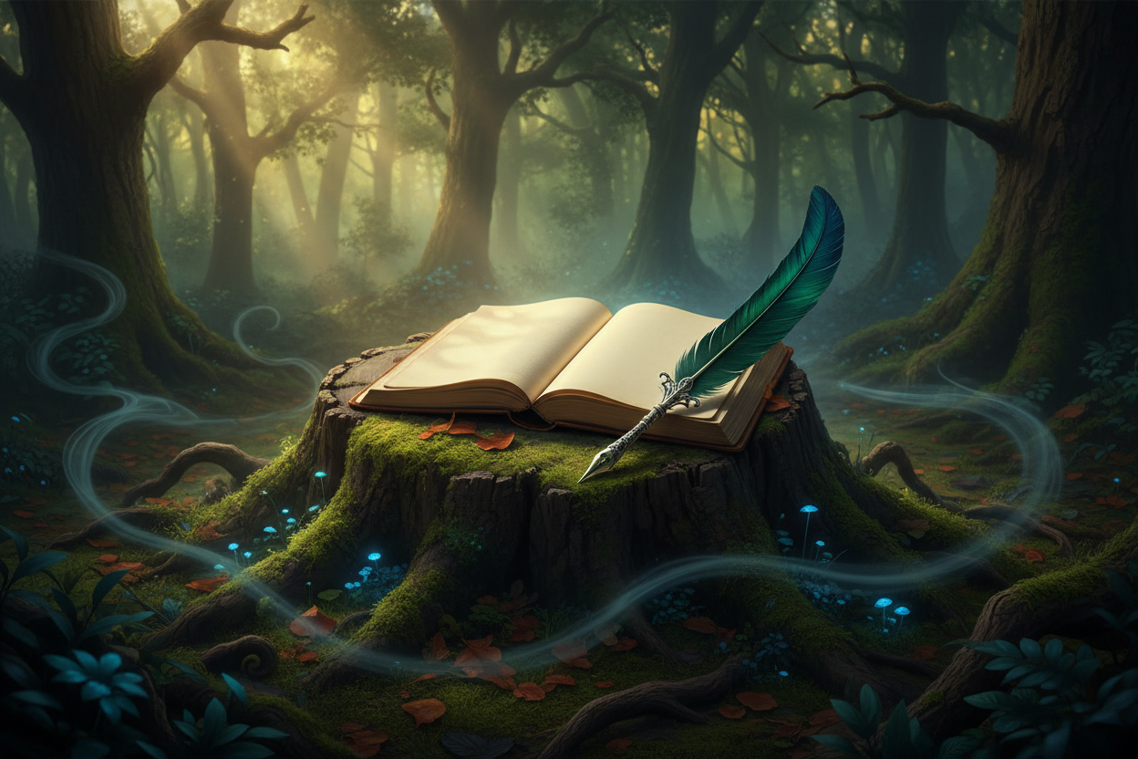 Open journal with feather pen in dark forest setting